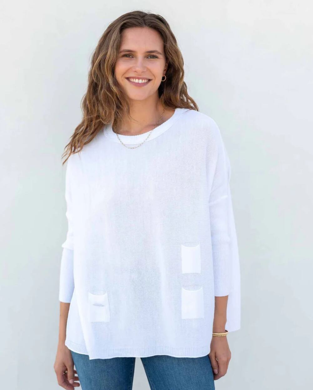 Mersea Women's Catalina Travel Sweater OS Knit Side Slit Cream Boho Romantic